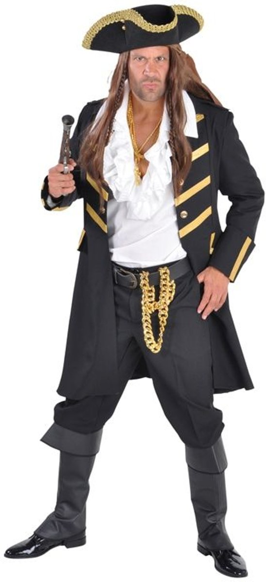 Piraat & Viking Kostuum | Lange Jas Zeerover Hoofdman Duinkerken Zwart | XXL | Carnaval kostuum | Verkleedkleding